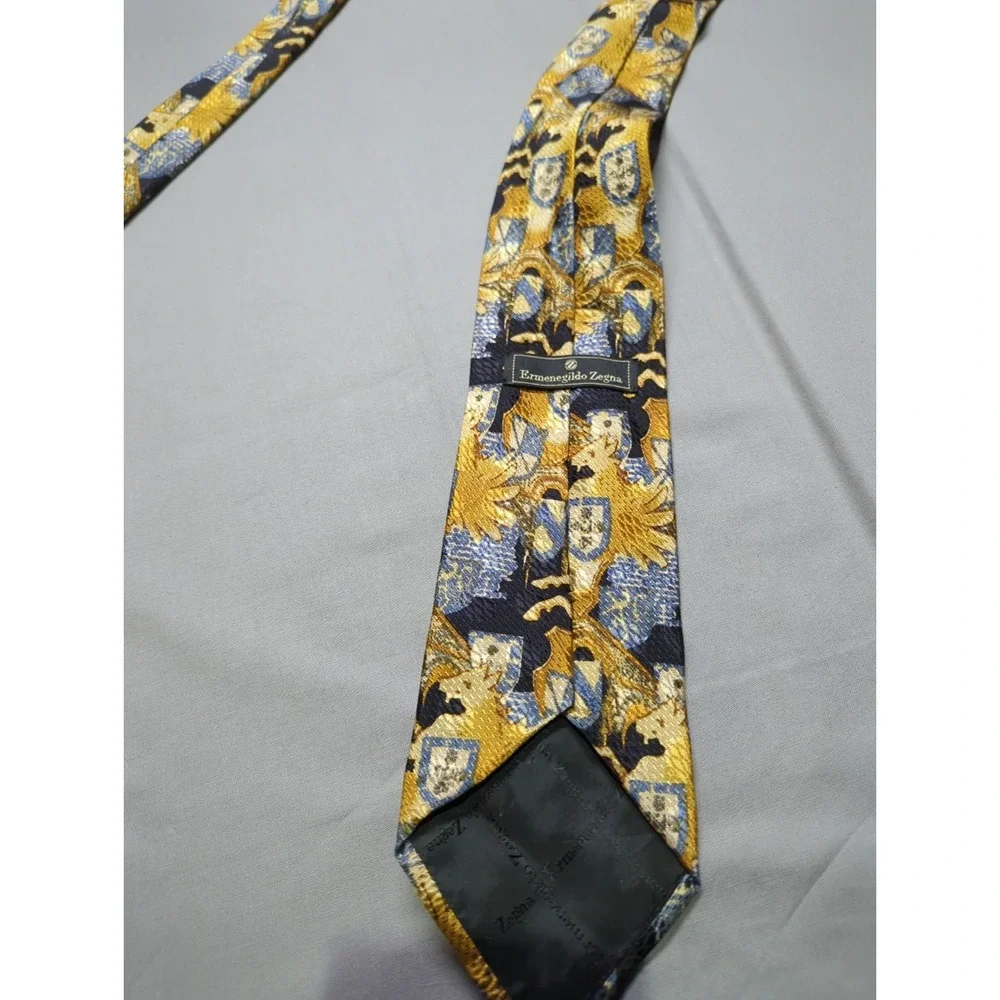 Ermenegildo Zegna Silk Tie‎ Gold Blue Black Heraldic Griffin Crest Made in Italy